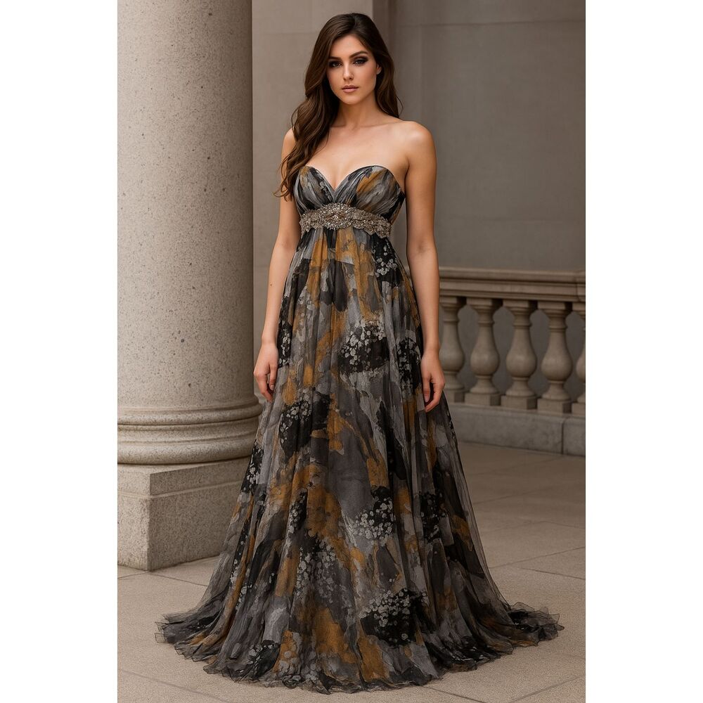 Tony Bowls Evenings Silk Print Beaded Empire Waist Strapless Gown 6